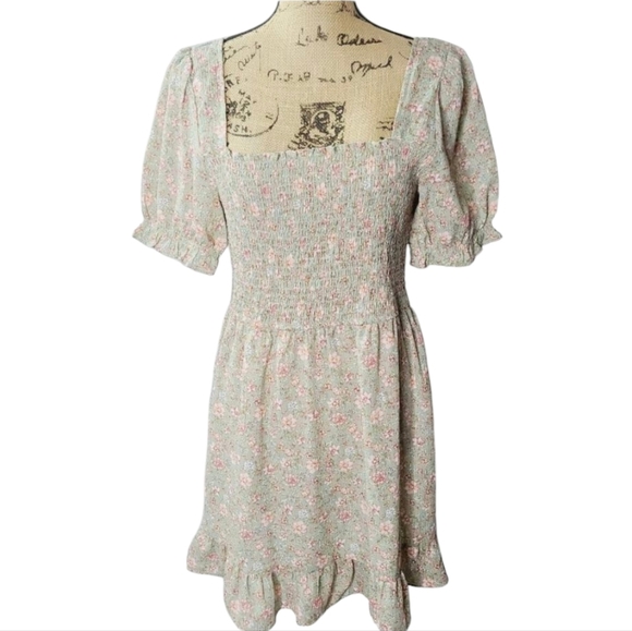 charmed hearts Dresses & Skirts - Green Floral Off Shoulder Puff Sleeve Ruffled Boho Prairie Mini Dress Charmed He